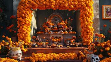 Day of the Dead Altar Decorated with Marigolds and Skulls photo