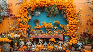 Day of the Dead Altar with Skulls and Marigolds photo