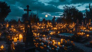 Illuminated Cemetery with Crosses and Candles Under a Full Moon photo