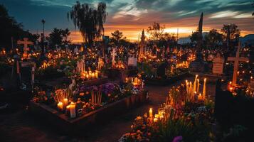 Candles Illuminate a Cemetery at Sunset photo