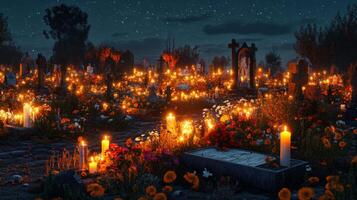 A Cemetery Illuminated by Candles and Flowers at Night photo