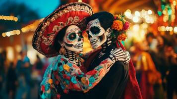 Couple in Day of the Dead Makeup Embrace at Festival photo