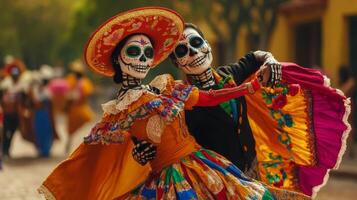 Couple Dressed as Skeletons Dancing During Day of the Dead Celebration photo