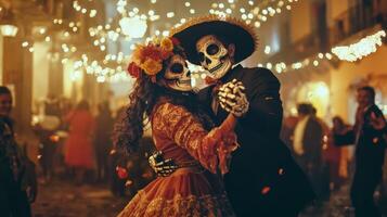 Couple in Skull Masks Dancing at Night photo