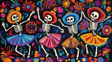 Four Skeletons Dancing in Colorful Skirts and Hats photo