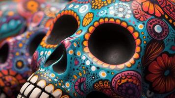 Close-up of a Vibrantly Painted Sugar Skull photo