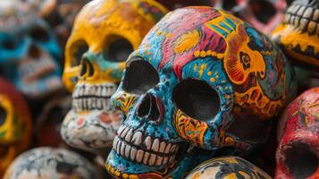 Close-up of Colorful Painted Skulls in a Group photo