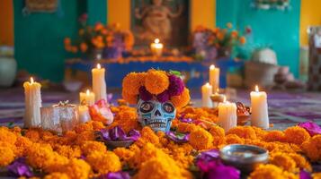 Sugar Skull Decorated with Marigolds and Candles for Day of the Dead Altar photo