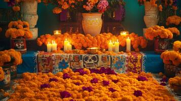 Day of the Dead Altar with Marigolds, Candles, and Skulls photo