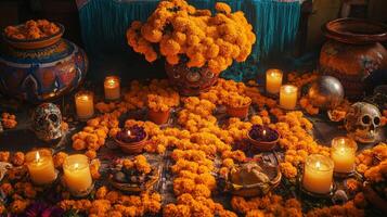 Day of the Dead Altar with Marigolds, Candles, and Skulls photo