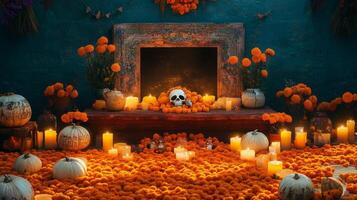 Day of the Dead Altar with Marigolds, Skulls, and Candles photo