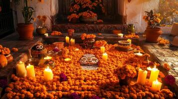 Day of the Dead Altar with Marigolds, Candles, and Offerings photo