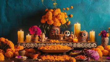 Day of the Dead Altar with Marigold Flowers, Candles, and Skulls photo