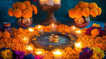 Day of the Dead Altar with Marigolds, Candles, and Sugar Skulls photo