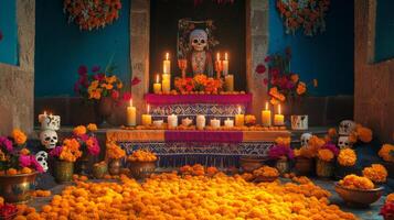 Altar Dedicated to the Day of the Dead with Skulls, Candles, and Marigolds photo