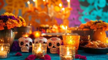 Sugar Skulls and Candles on a Day of the Dead Altar photo