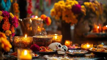 Decorated Skull and Candles on an Altar with Flowers photo