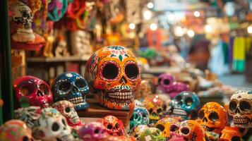 Colorful Sugar Skulls Displayed on a Shelf in a Market photo