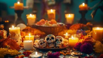 Sugar Skulls, Candles, and Flowers on an Altar for Day of the Dead photo