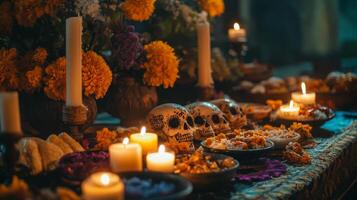 Day of the Dead Altar with Skulls, Candles, and Flowers photo