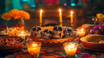 Day of the Dead Altar with Sugar Skulls and Candles photo