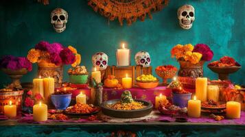 Day of the Dead Altar with Skulls, Flowers, and Candles photo