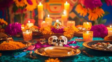 Day of the Dead Altar with Sugar Skulls, Candles, and Marigolds photo