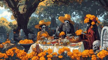 Skeletons Enjoying a Feast Among Marigolds in a Cemetery photo