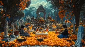 Day of the Dead Celebration in a Cemetery with Marigolds and Skeletons photo