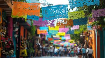 Colorful Paper Flags Hanging Over a Crowded Street in Mexico photo