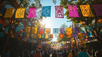 Festive Street Decorated with Colorful Paper Flags and Crowds of People photo