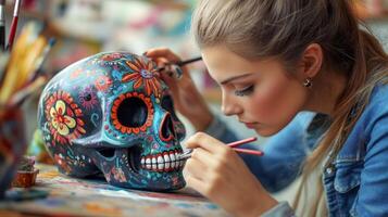 Woman Painting a Sugar Skull with Floral Motifs photo