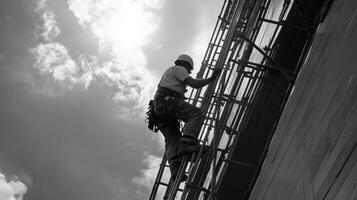 Construction Worker Ascending Scaffolding Against Cloudy Sky photo