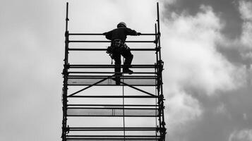 Silhouette of a construction worker on scaffolding against a cloudy sky photo