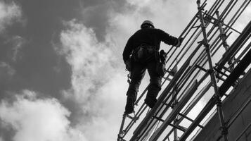 Construction Worker Ascending Scaffolding Against a Cloudy Sky photo