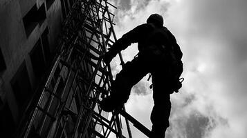 Silhouette of a Construction Worker Climbing a Scaffolding Ladder photo
