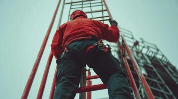 A worker climbing a red metal ladder with safety equipment photo