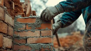Close-up of a construction worker's hand applying mortar to brick wall photo