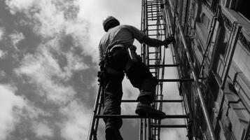 Worker Ascending Scaffolding with Cloudy Sky Background photo