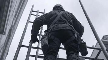 A Construction Worker Ascending a Metal Ladder photo