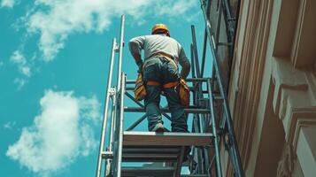 Construction Worker Ascending Scaffolding Against Cloudy Sky photo