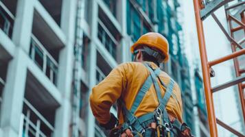 Construction Worker in Yellow Jacket with Safety Harness photo