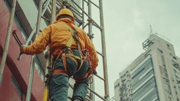Construction Worker Ascending Scaffolding on Building Facade photo