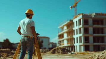 Construction Worker with Theodolite at a Building Site photo
