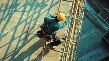 Construction Worker Ascending Scaffolding with Safety Gear photo