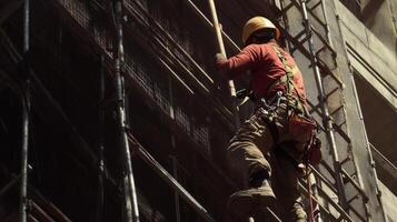 Construction Worker Ascending Scaffolding on Building photo