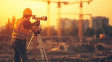 Construction Worker Using Surveying Equipment at Sunset photo