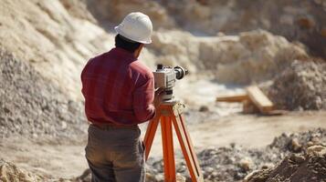 Construction Worker Using a Theodolite in a Quarry photo