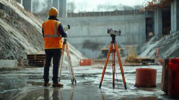 Construction Worker Using Surveying Equipment at Construction Site photo