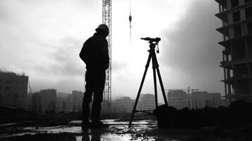 Construction Worker Standing by a Tripod in a Foggy Urban Landscape photo